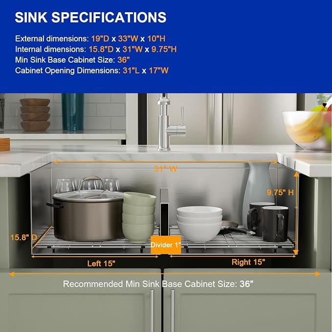 Dcolora 33 In. Double Bowl Kitchen Sink Undermount Sink Workstation Stainless - Image 6