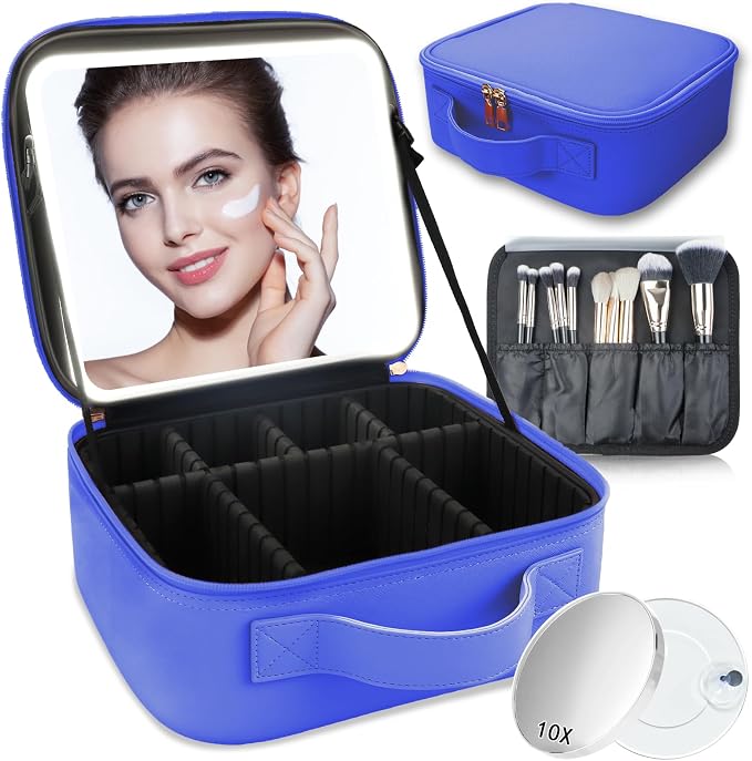 Makeup Bag with Led Mirror, Travel Makeup Organizer with 3 Color Setting & 10X by SUILU