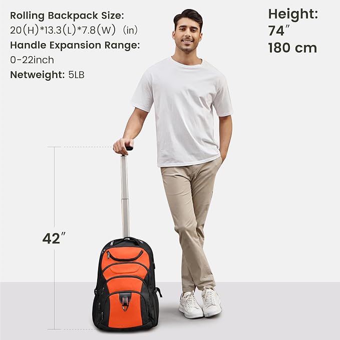 Boavan Rolling Backpack, 17 inch Water Resistant Wheeled Backpack, Carry on - Image 4