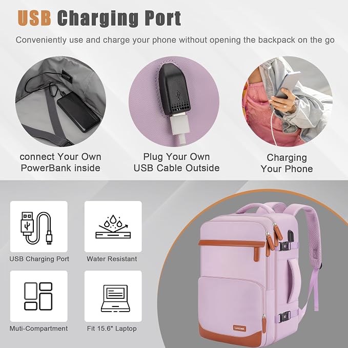 40L Travel Backpack with USB Charging Port, Water-Resistant Carry On Backpack - Image 2