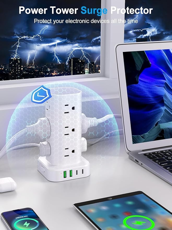 Power Strip Tower with Wireless Charger, Flat Plug Surge Protector Tower with - Image 6