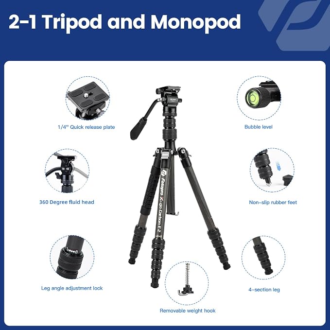 Fotopro 59" Carbon Fiber Travel Tripod, Compact Video Tripods - Image 7