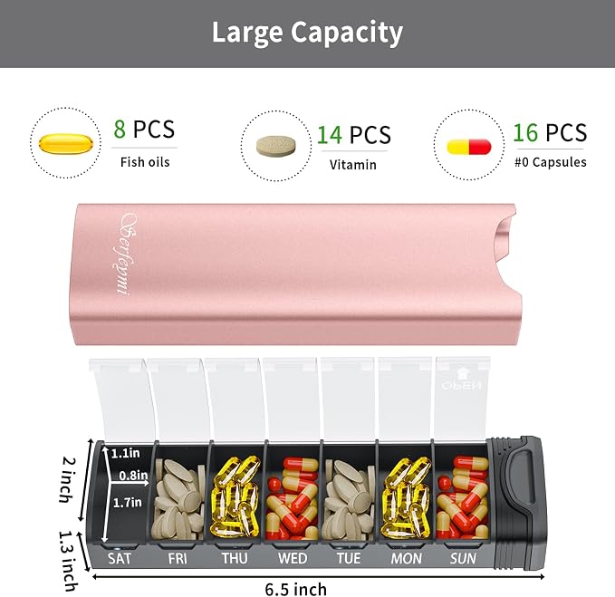 Metal Weekly Pill Organizer, Serfeymi Aluminum Daily Pill Box, 7 Day Pill Case - Image 6