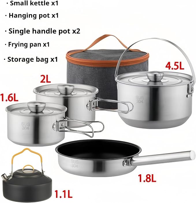 Camping Cookware Set 304 Stainless Steel 10pcs Pots & Pans, Travel Mesh Bag - Image 2