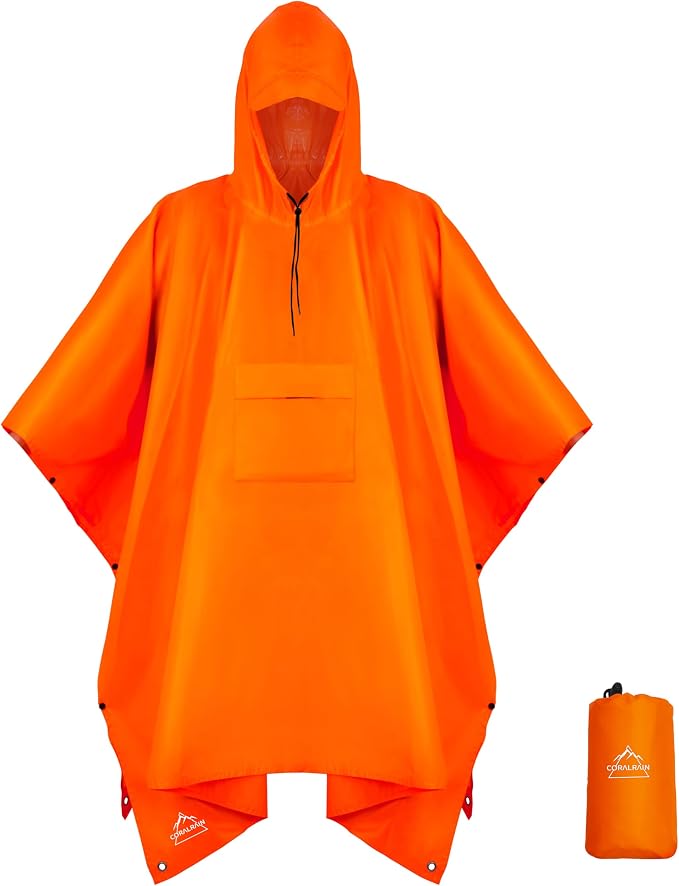 Coralrain Hooded Rain Poncho Lightweight Waterproof Unisex Raincoat Jacket by Coralrain