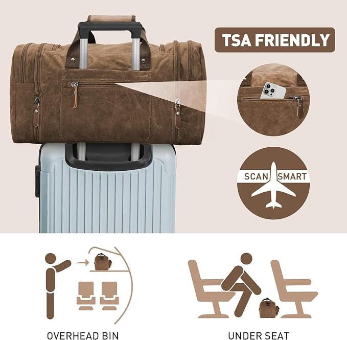 Wildroad Waxed Canvas Duffle Bag - 60L Waterproof Genuine Leather Weekender - Image 7
