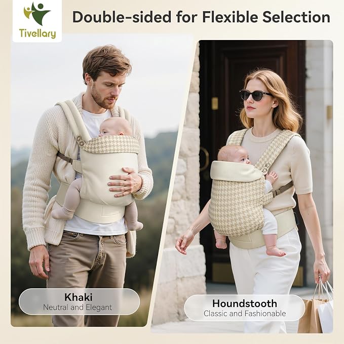 Reversible Baby Carrier, Khaki Solid & Houndstooth; Lightweight & Breathable - Image 2