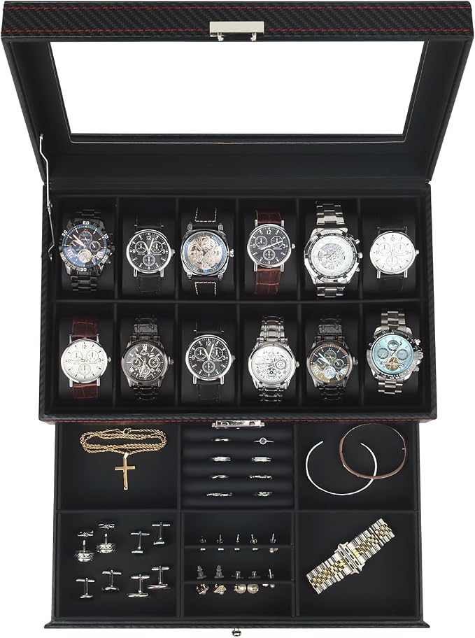 Watch Box Jewelry Organizer, 12-Slot 2-Layer Watch Case Storage by KUKIKAN