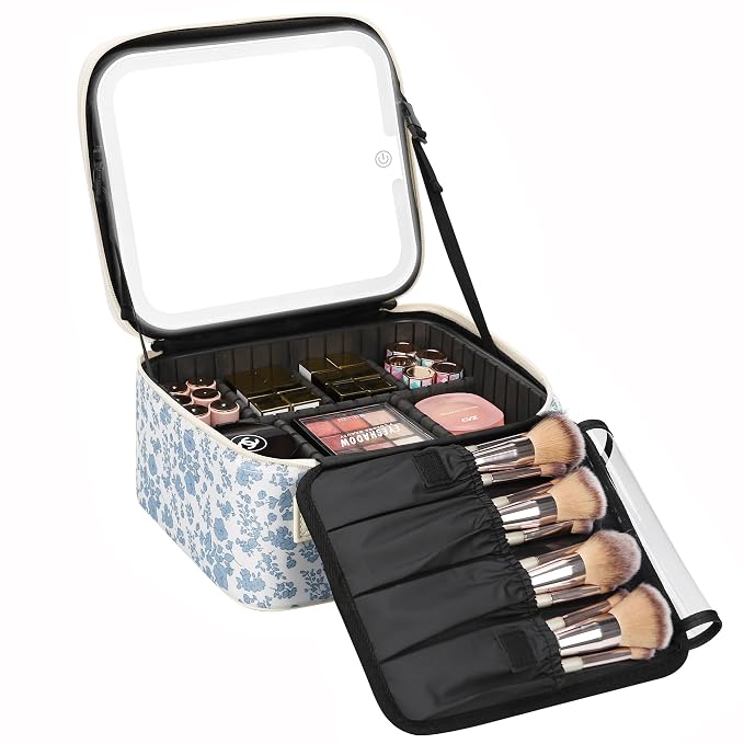 Relavel Travel Makeup Bag with LED Mirror, Portable Cosmetic Train Case with 3 by Relavel