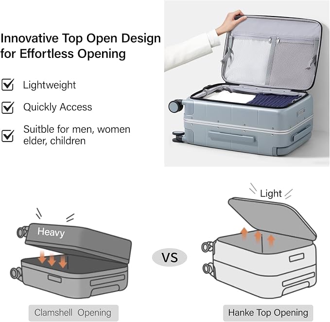 Hanke Top Opening Carry On Luggage, 20 Inch Zipperless Aluminum Frame Wide - Image 2