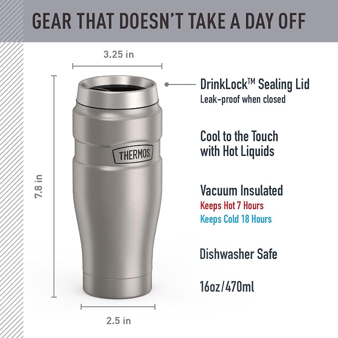THERMOS Stainless King Vacuum-Insulated Travel Tumbler, 16 Ounce, Matte Steel - Image 2