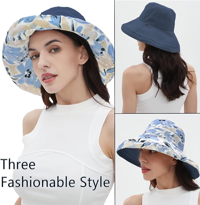 vidsel Womens Sun Hats Wide Brim Reversible Bucket Cotton Hat Packable Summer - Image 5