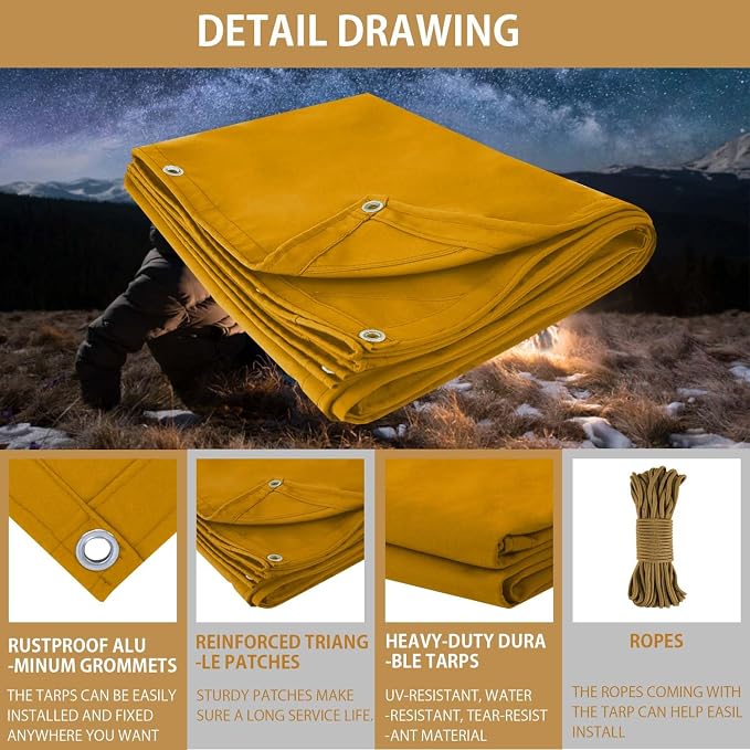 FoundGo 20x24ft Canvas Tarp 22 Mil Tarps 14 oz Canvas Tarpaulin Heavy Duty - Image 6