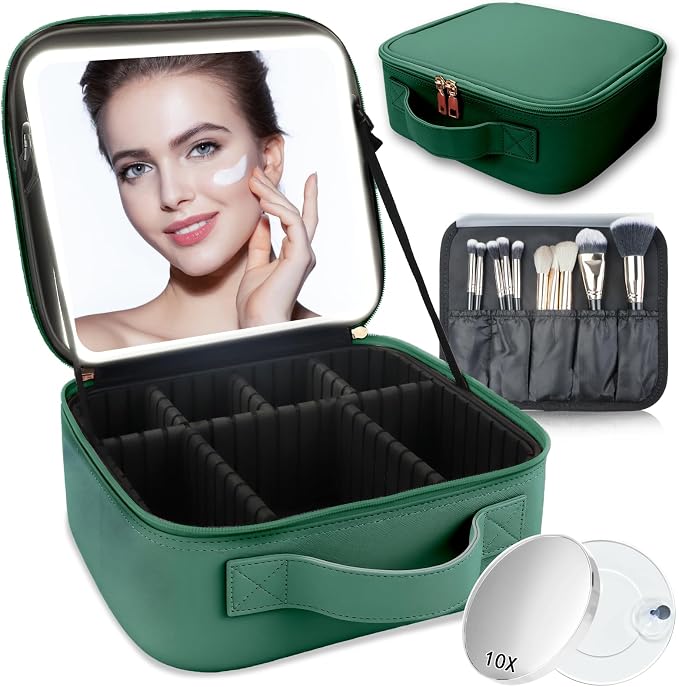 Makeup Bag with Led Mirror, Travel Makeup Organizer with 3 Color Setting & 10X by SUILU