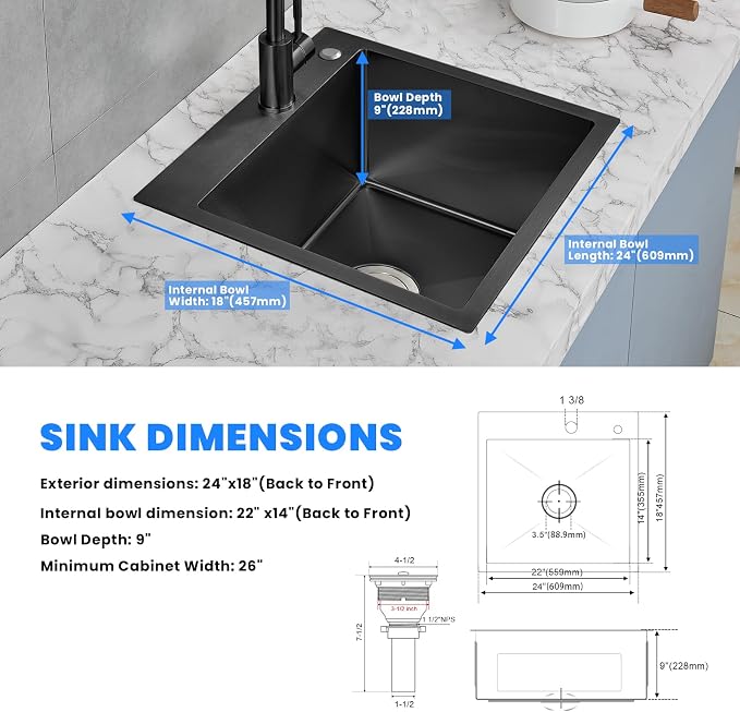 POPFLY 24 Inch Drop In Kitchen Sink, 24×18 Inch Top mount 304 Stainless Steel - Image 7