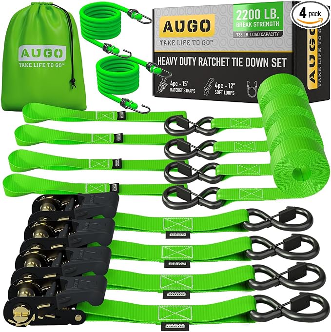 AUGO Heavy Duty Ratchet Straps & Soft Loops – Pack of 4 Extra Strong 1.5” by by AUGO