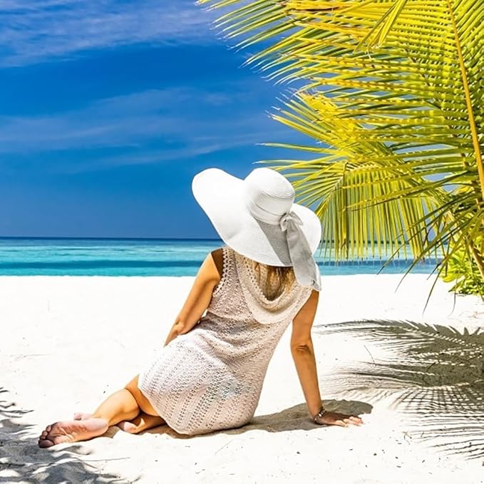 DRESHOW Beach Hats for Women Big Straw Wide Brim Summer Hat Floppy Foldable - Image 3