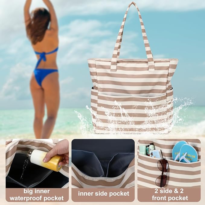 LEDAOU Large Beach Tote Bag Women Waterproof Sandproof Zipper Beach Tote Bag - Image 6