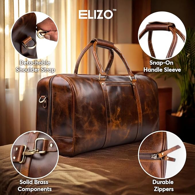 ELIZO Leather Duffle Bag For Men Women Real Full Garin Custom Travel Overnight - Image 5
