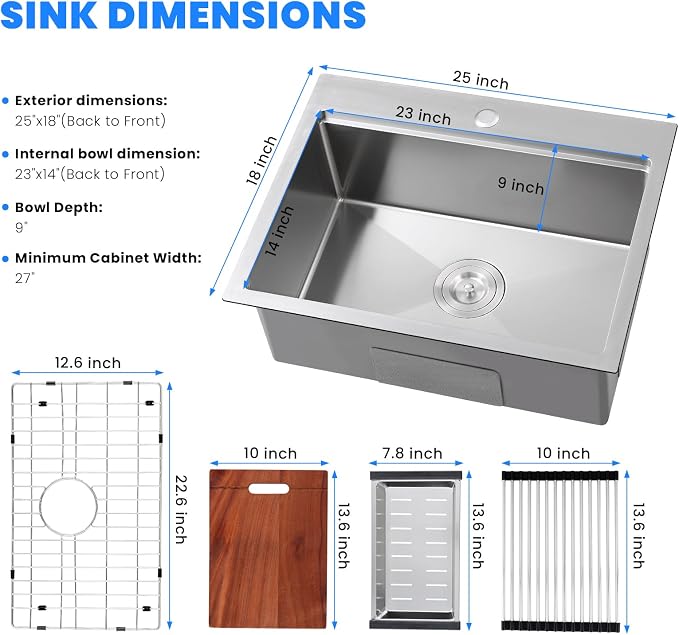 POPFLY 25 Inch Drop In Kitchen Sink, 25×18 Drop In Workstation Sink 18-Gauge - Image 8