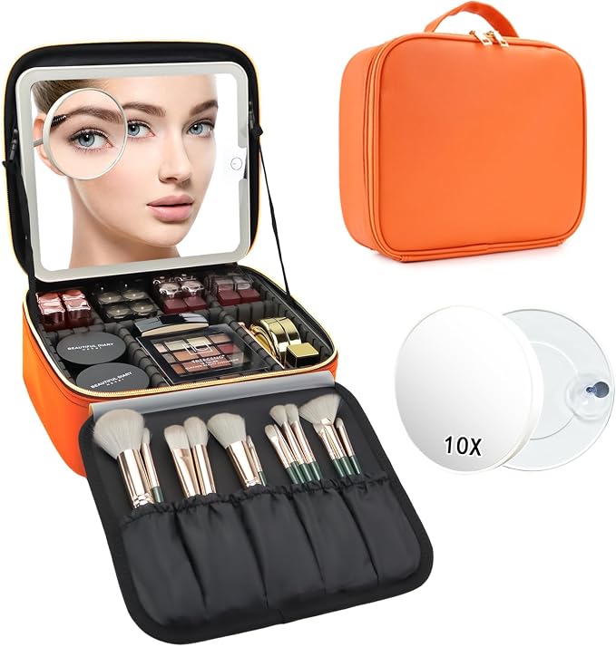 Travel Makeup Bag with LED Mirror and 10x magnifying glass with 3 Lighted - Image 9