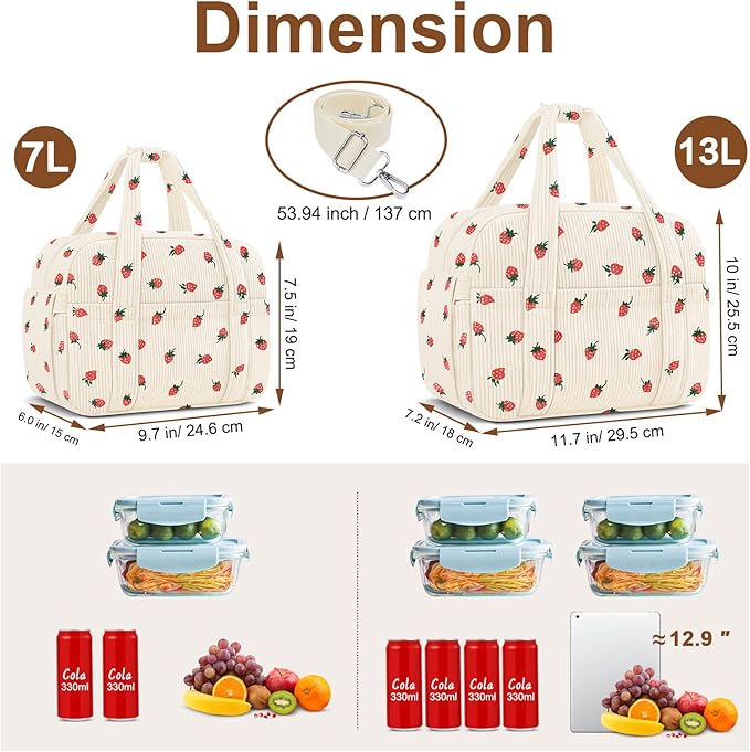 Corduroy Lunch Box Lunch Bag for Women Men, Cute Strawberry Small Insulated - Image 6