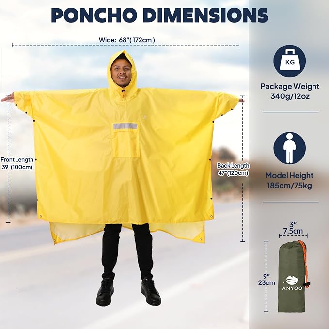 ANYOO Hooded Rain Poncho for Adults Waterproof Lightweight Rain Coat for Men - Image 2