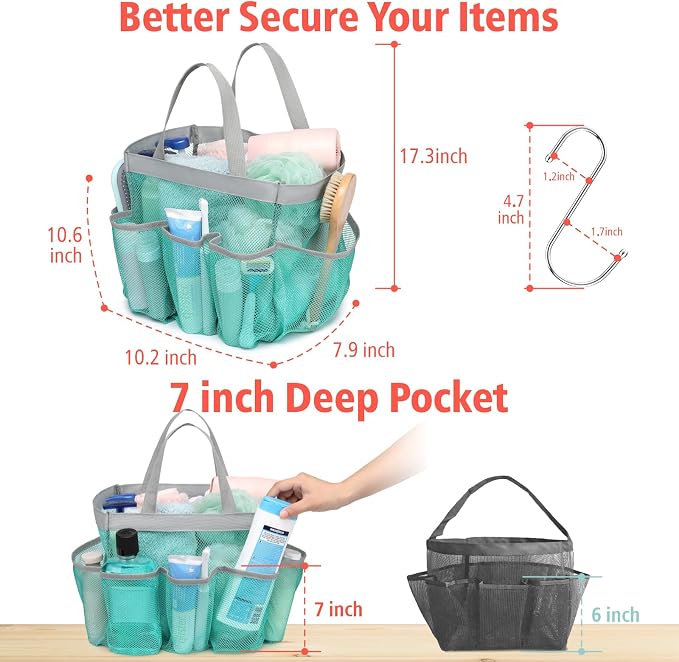 F-color Mesh Shower Caddy Portable, Upgrade Deeper 7 Pockets Shower Bag Basket - Image 5