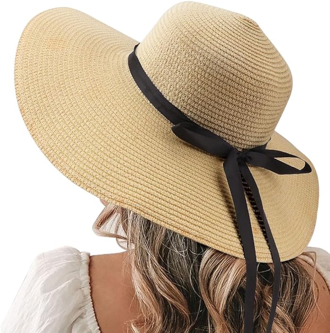 DRESHOW Beach Hats for Women Big Straw Wide Brim Summer Hat Floppy Foldable by DRESHOW