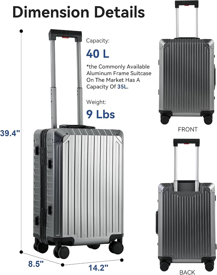 Mvst Luggage Premium All Aluminum Magnesium Carry On 20'' Lightweight Metal - Image 7