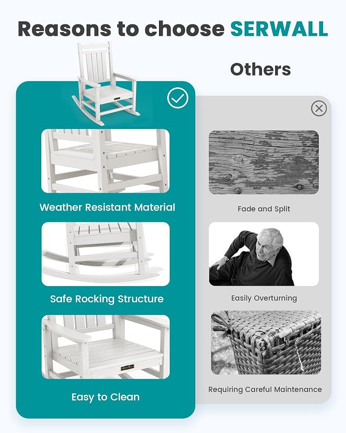 SERWALL Outdoor Rocking Chair Set of 2, HDPE Patio Rocking Chair All-Weather - Image 6