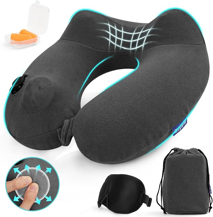 Inflatable Travel Neck Pillow for Airplane, Head Support Velvet Adult Neck by Glyzia