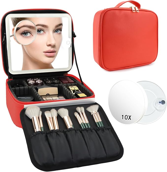 Travel Makeup Bag with LED Mirror and 10x magnifying glass with 3 Lighted - Image 9