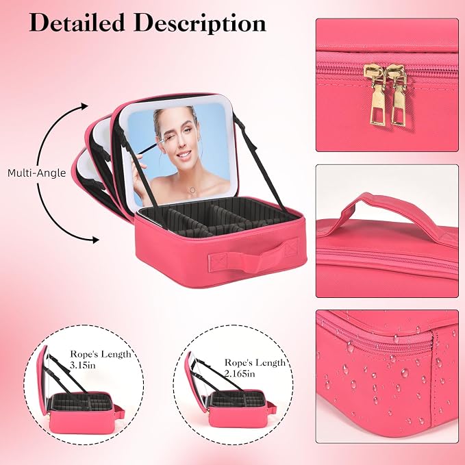 Travel Makeup Bag With LED Mirror, Cosmetic Train Case with 3 Color Setting - Image 6