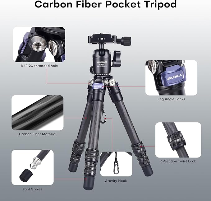 AOKA 15.75in/0.99lb Mini Carbon Fiber Tripod, Compact Pocket Travel Tabletop - Image 3