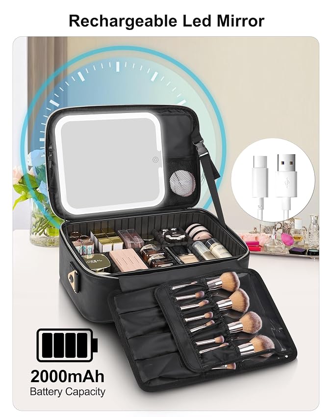 Relavel Makeup Train Case With LED Mirror, Professional Travel Cosmetic Bag - Image 5