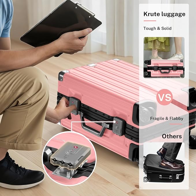 Krute Checked Aluminum Frame Suitcase 24 Inch Zipperless Luggages Hardside PC - Image 5
