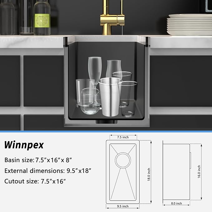 10 inch Bar Sink Undermount, 10x18 inch Small Bar Sink Gunmetal Black - Image 7