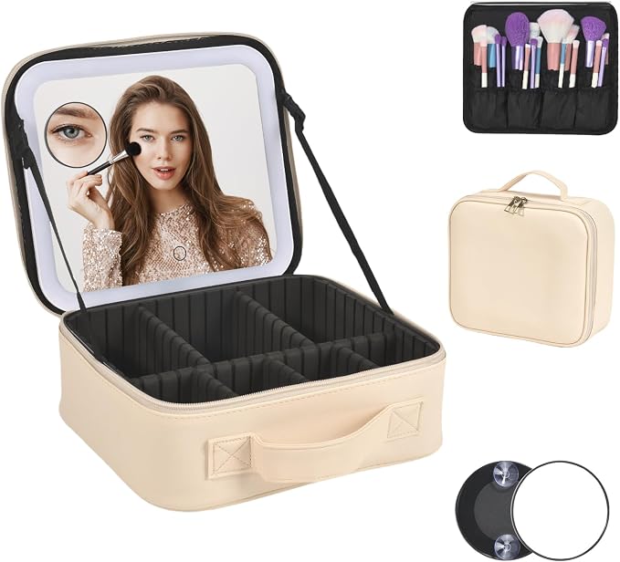 Travel Makeup Bag With LED Mirror, Makeup Travel Train Case with 3 Color Setting by Unknown