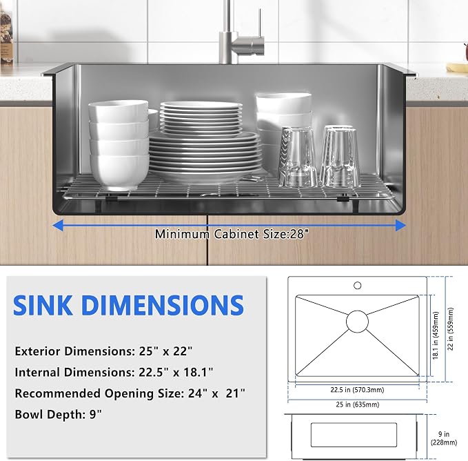 25x22 Inch Drop In Kitchen Sink, 25 Inch Kitchen Sink Top Mount 18 Gauge 304 - Image 6