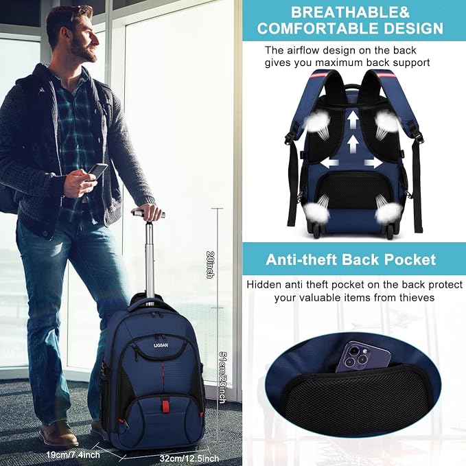 Rolling Backpack for Adults, 17inch Laptop Travel Backpack - Image 5