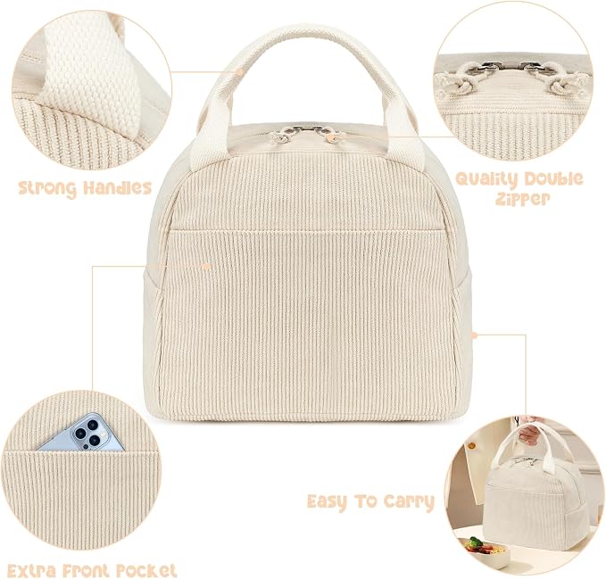 Bluboon Lunch Bag for Women Men Cute Corduroy Lunch Tote Bags Reusable - Image 5