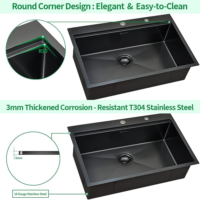 Kitchen Sink, 33 x 22 Drop in Kitchen Sink Gunmetal Black 16 Gauge Stainless - Image 6