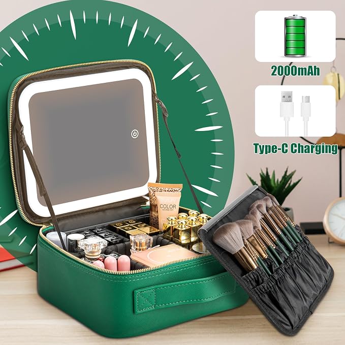 Makeup Travel Train Case with Mirror LED Light 3 Adjustable Brightness Large - Image 5