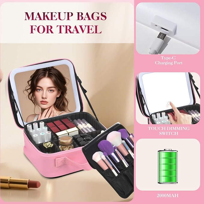 Travel Makeup Bag With LED Mirror, Makeup Travel Train Case with 3 Color Setting - Image 4