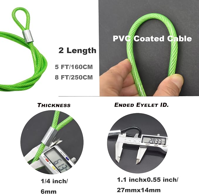 8FT 6mm Stainless Steel Security Cable Lock, Braided Steel Vinyl Coated Safety - Image 2