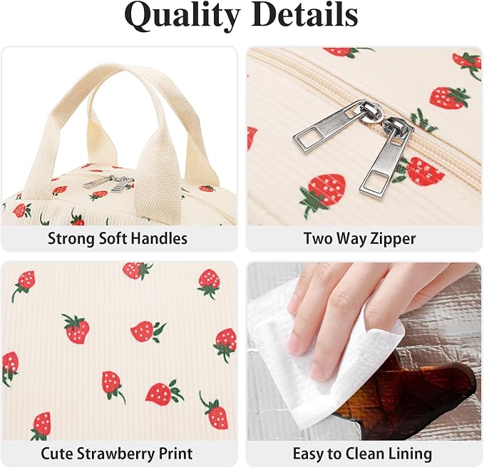 Lunch Bag Lunch Box for Women Adults Men, Cute Strawberry Corduroy Insulated - Image 6