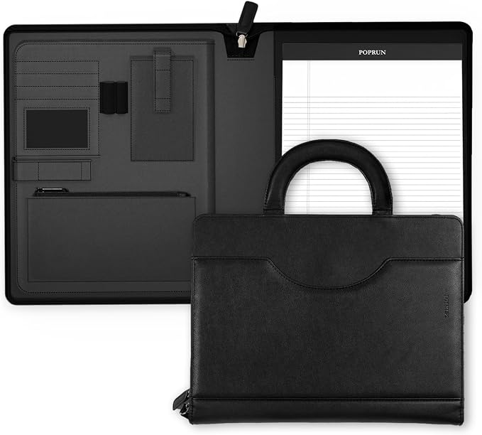 POPRUN Portfolio Binder with Zipper, Leather Padfolio Document Organizer with by POPRUN