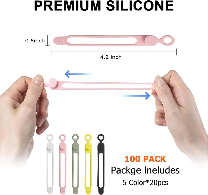 Nearockle 100Pcs Silicone Cable Ties Cord Organizer - Image 2