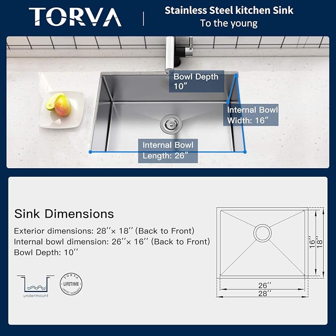 TORVA 28-Inch Undermount Kitchen Sink, Premium 304 Stainless Steel Bar Sink - Image 3